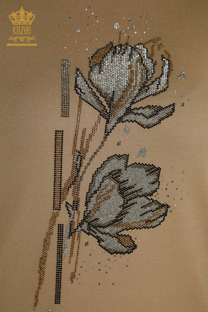 Vente en gros de tricots pour femmes pull à motifs de fleurs beige - 30656 | KAZEE - 3