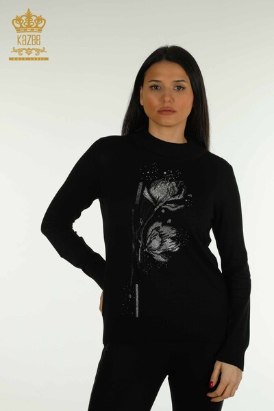 Pull en tricot pour femmes en gros à motifs floraux noir - 30656 | KAZEE 