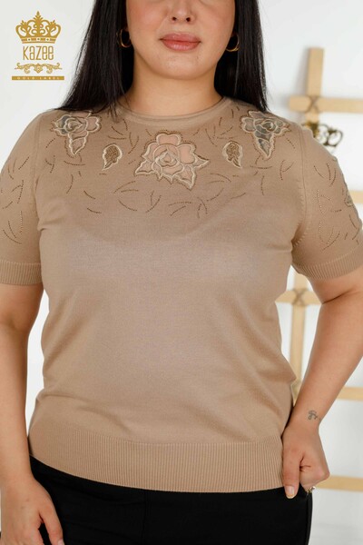 Pull en tricot pour femmes en gros à motifs roses beige - 16845 | KAZEE - Thumbnail