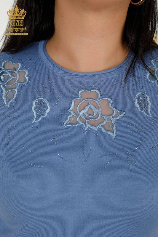 Pull en tricot pour femmes en gros à motifs roses bleu - 16845 | KAZEE