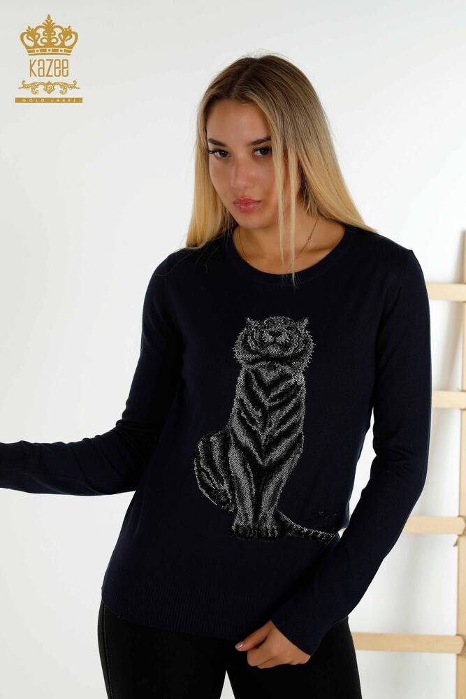 Vente en gros Pull en tricot pour femmes - Motif Tigre - Bleu Marine - 30127 | KAZÉE - 1