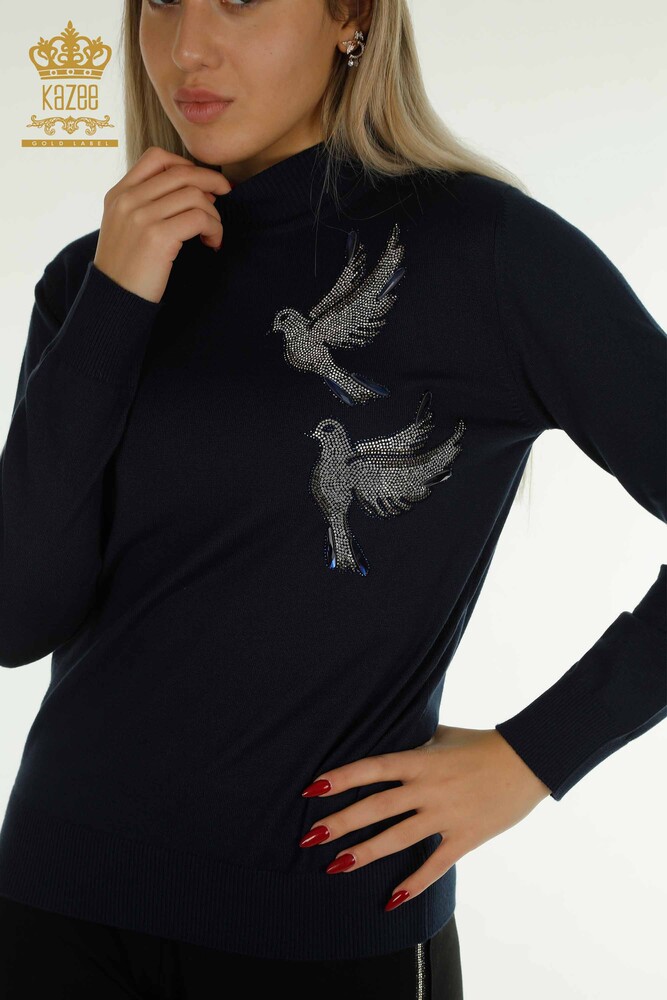 Pull en tricot pour femmes en gros oiseau brodé bleu marine - 30745 | KAZEE - 2