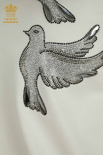 Vente en gros Pull tricot pour femmes - Oiseau brodé - Écru - 30745 | KAZÉE - 4