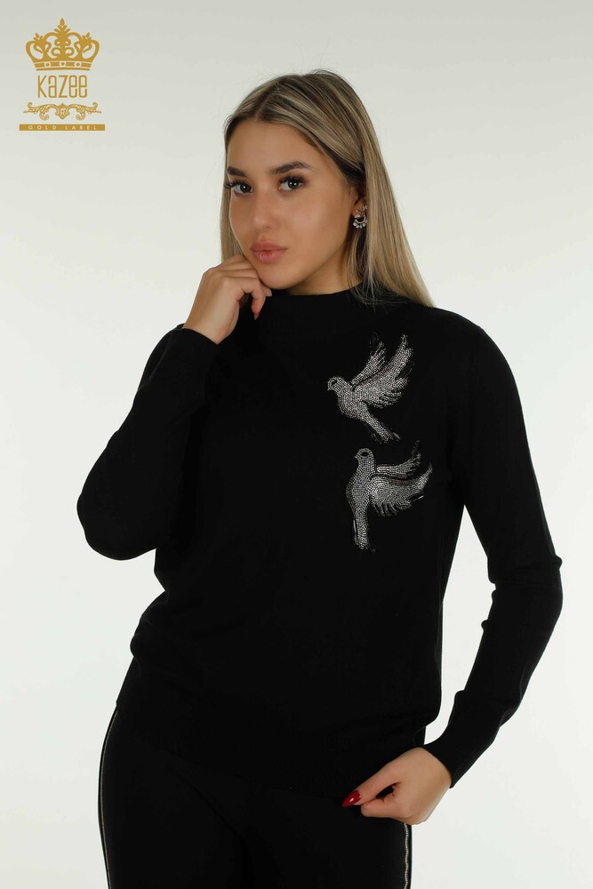 Vente en gros Pull en tricot pour femmes - Oiseau brodé - Noir - 30745 | KAZÉE - 1