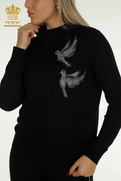 Vente en gros Pull en tricot pour femmes - Oiseau brodé - Noir - 30745 | KAZÉE - 2