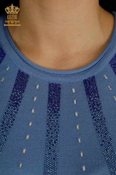 Pull en tricot pour femmes en gros pierre brodée bleu - 30460 | KAZEE - 4