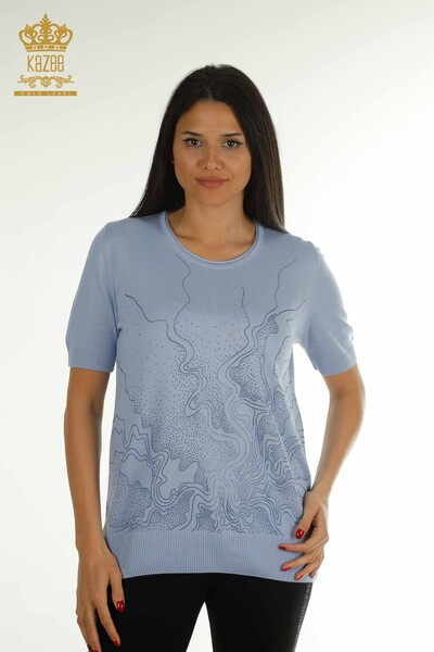 Pull en tricot pour femmes en gros pierre brodée bleu - 30659 | KAZEE 