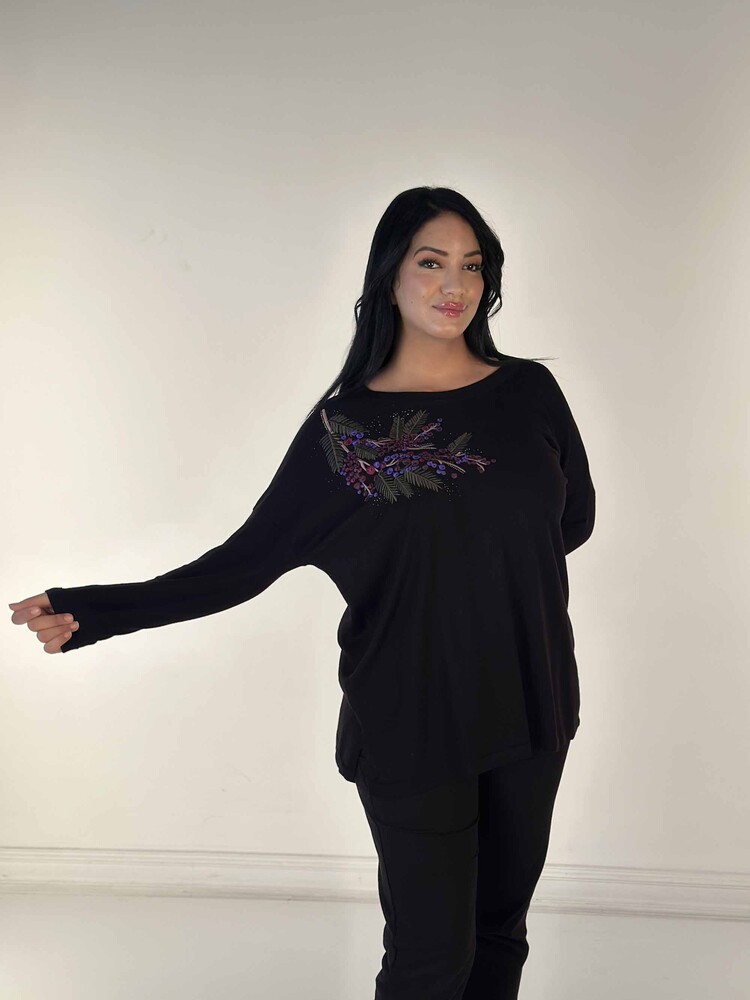 Pull en tricot pour femmes en gros avec broderie de pierre a manches longues noir - 30750 | KAZEE - 1