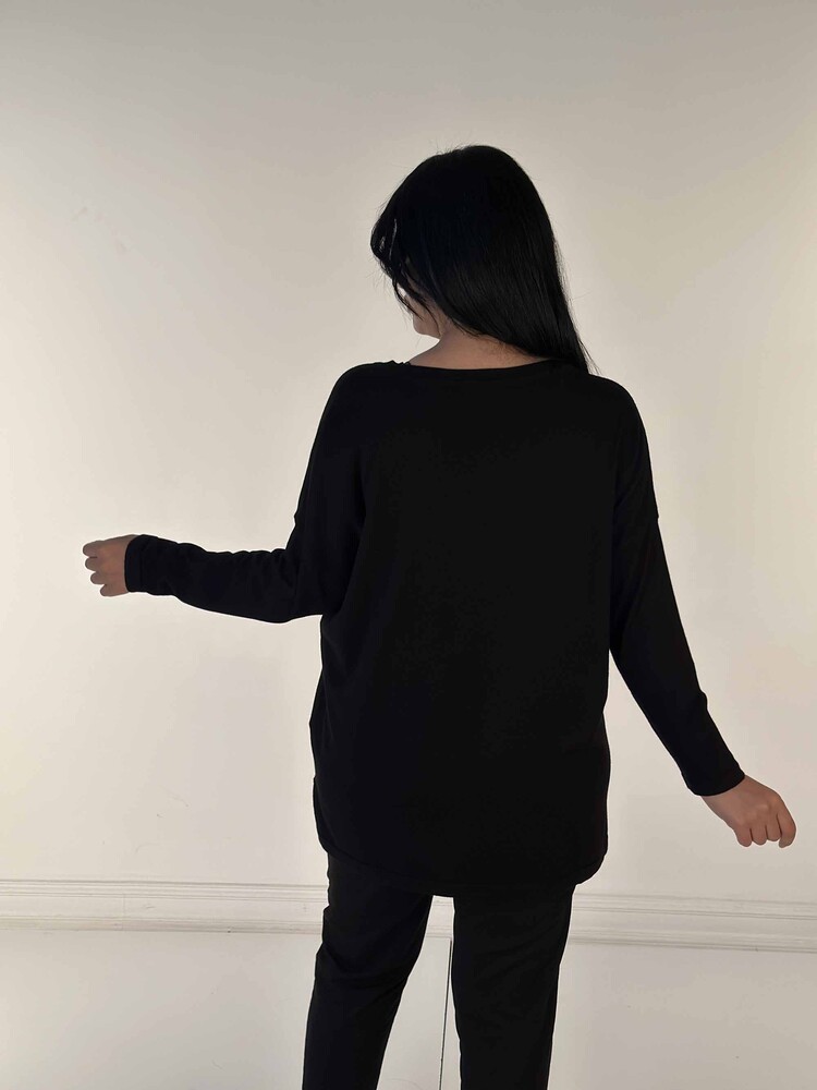 Pull en tricot pour femmes en gros avec broderie de pierre a manches longues noir - 30750 | KAZEE - 3