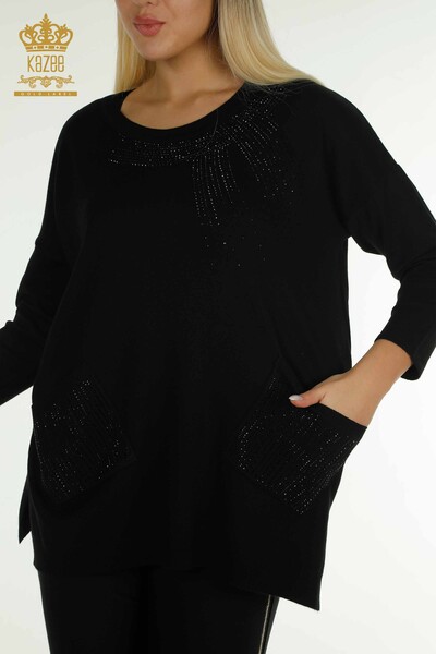 Pull en tricot pour femmes en gros pierre brodée noir - 30623 | KAZEE - 2