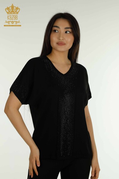 Pull en tricot pour femmes en gros noir avec broderie de pierre - 30761 | KAZEE - Kazee