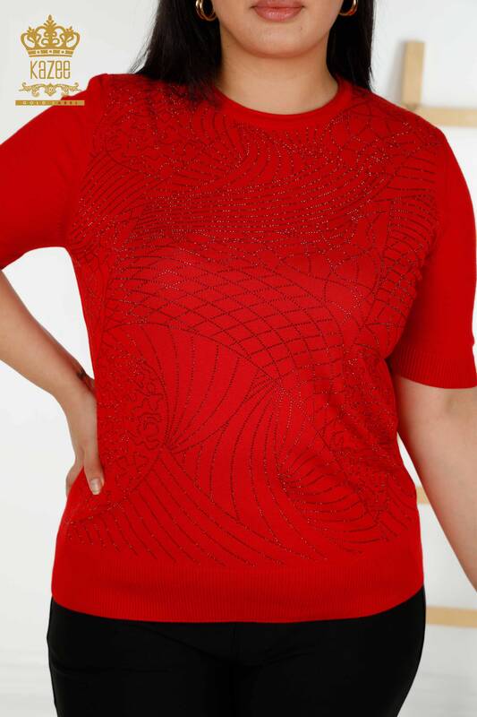 Pull en tricot pour femmes en gros pierre brodée rouge - 30115 | KAZEE