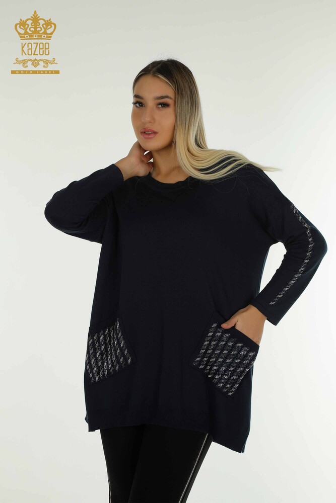 Pull en tricot pour femmes en gros avec détail de poche bleu marine - 30591 | KAZEE - 1