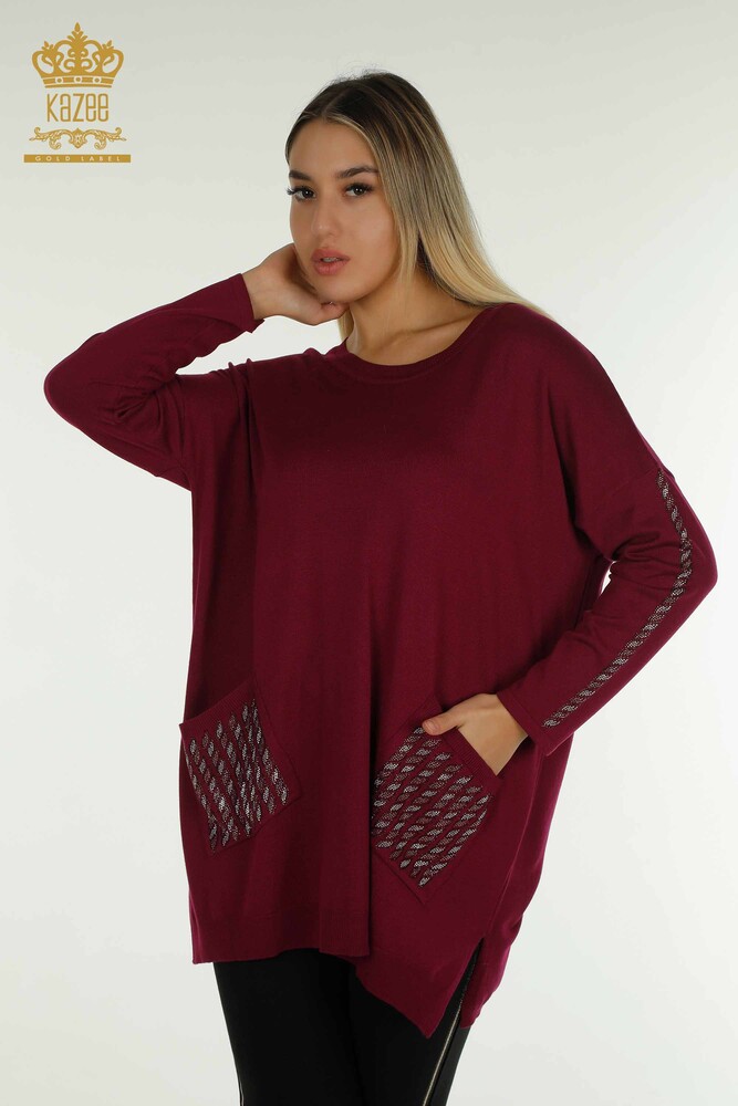 Pull en tricot pour femmes en gros avec détail de poche, Violet - 30591 | KAZEE - 1