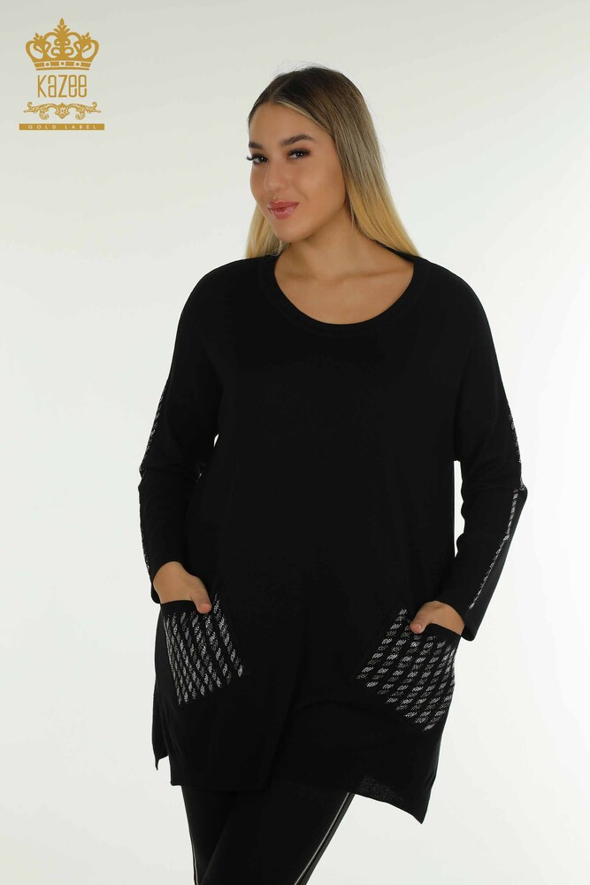 Pull en tricot pour femmes en gros avec détail de poche noir - 30591 | KAZEE - 1