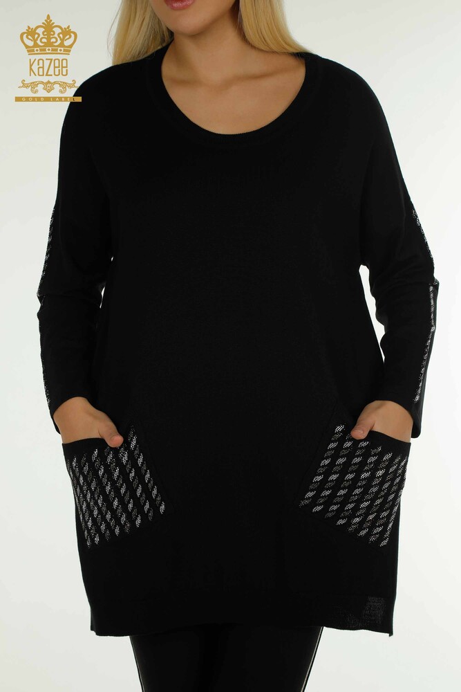 Pull en tricot pour femmes en gros avec détail de poche noir - 30591 | KAZEE - 2