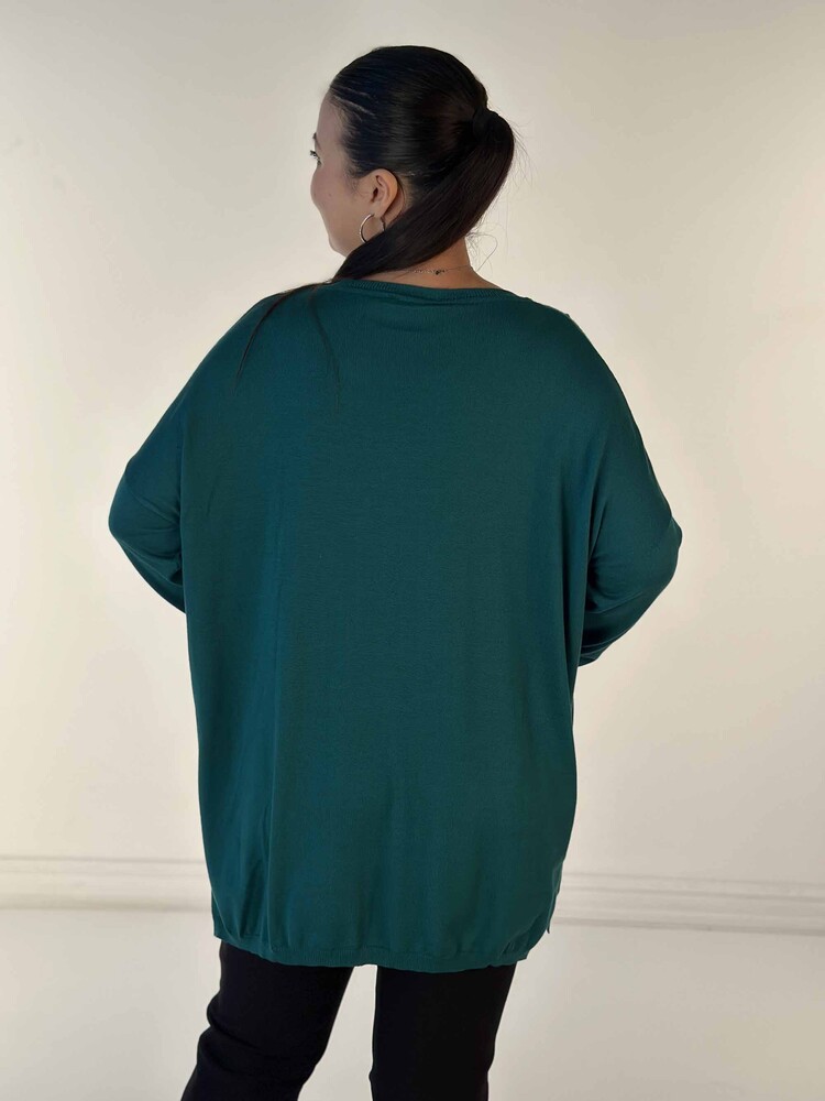 Gros femmes tricots pull poche pierre détaillée brodé léopard à motifs ras du cou vert - 30621 | KAZÉE - 6