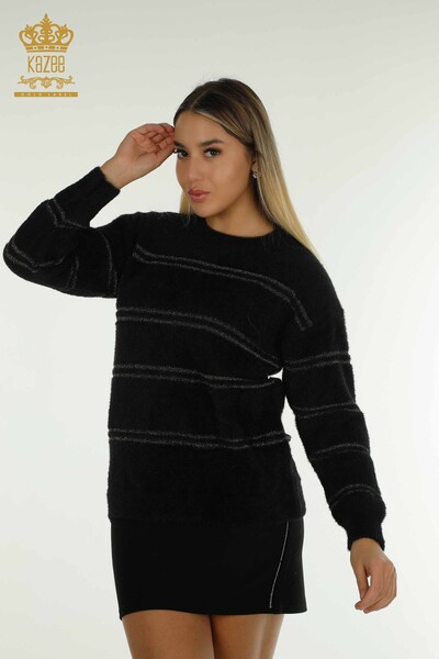 Grossiste Maille Pull Rayé Angora Noir - 30680 | KAZEE 