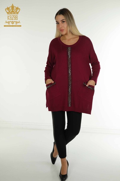 Pull en tricot pour femmes en gros à rayures pierre brodée lilas - 30621