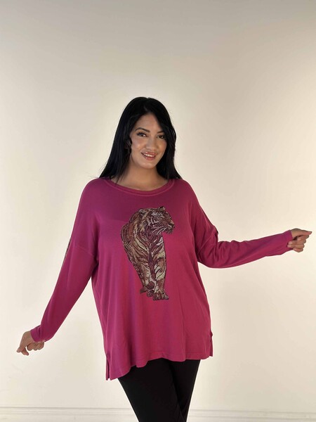 Pull en tricot pour femmes en gros avec détail de poche brodé de pierre de cristal Fuchsia - 30746 | KAZÉE - Thumbnail