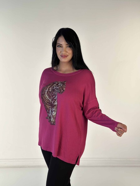 Pull en tricot pour femmes en gros avec détail de poche brodé de pierre de cristal Fuchsia - 30746 | KAZÉE - Thumbnail