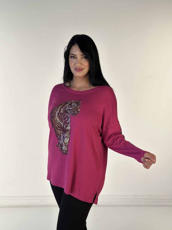 Pull en tricot pour femmes en gros avec détail de poche brodé de pierre de cristal Fuchsia - 30746 | KAZÉE