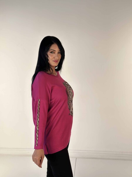 Pull en tricot pour femmes en gros avec détail de poche brodé de pierre de cristal Fuchsia - 30746 | KAZÉE - Thumbnail