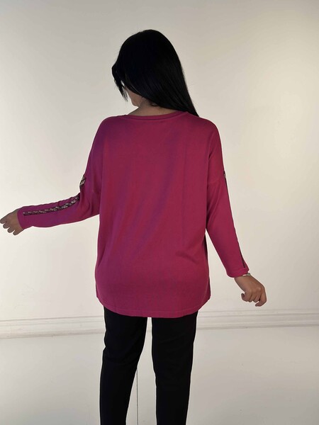 Pull en tricot pour femmes en gros avec détail de poche brodé de pierre de cristal Fuchsia - 30746 | KAZÉE - Thumbnail