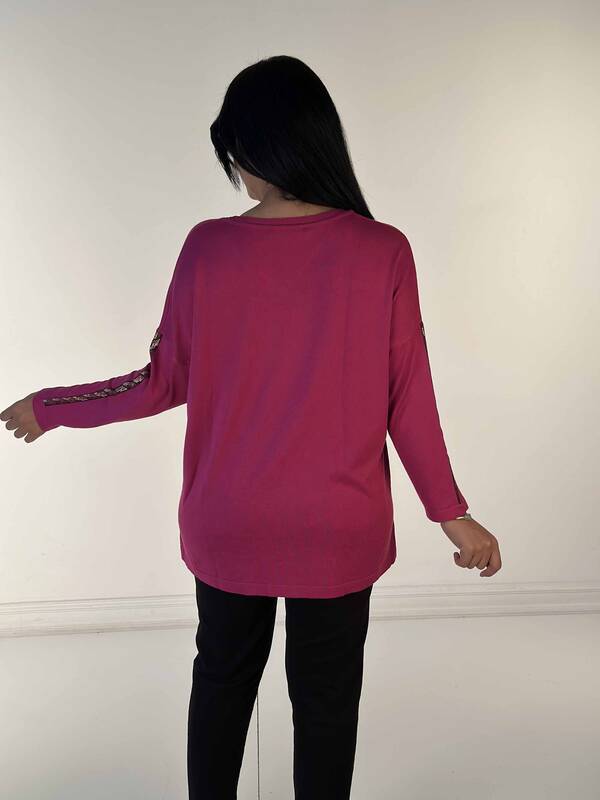 Pull en tricot pour femmes en gros avec détail de poche brodé de pierre de cristal Fuchsia - 30746 | KAZÉE