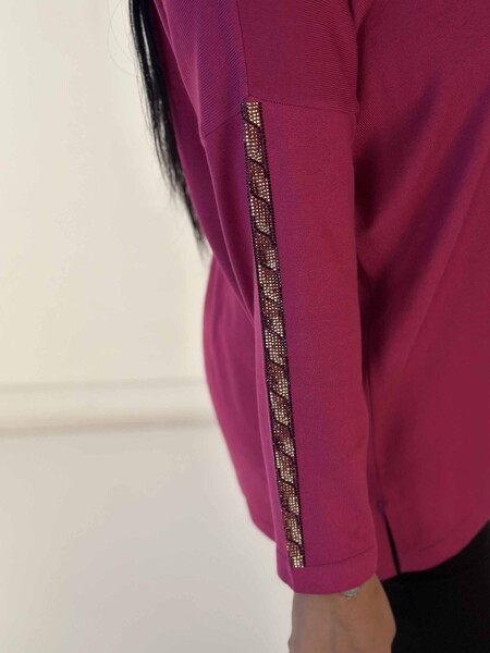 Pull en tricot pour femmes en gros avec détail de poche brodé de pierre de cristal Fuchsia - 30746 | KAZÉE - Thumbnail