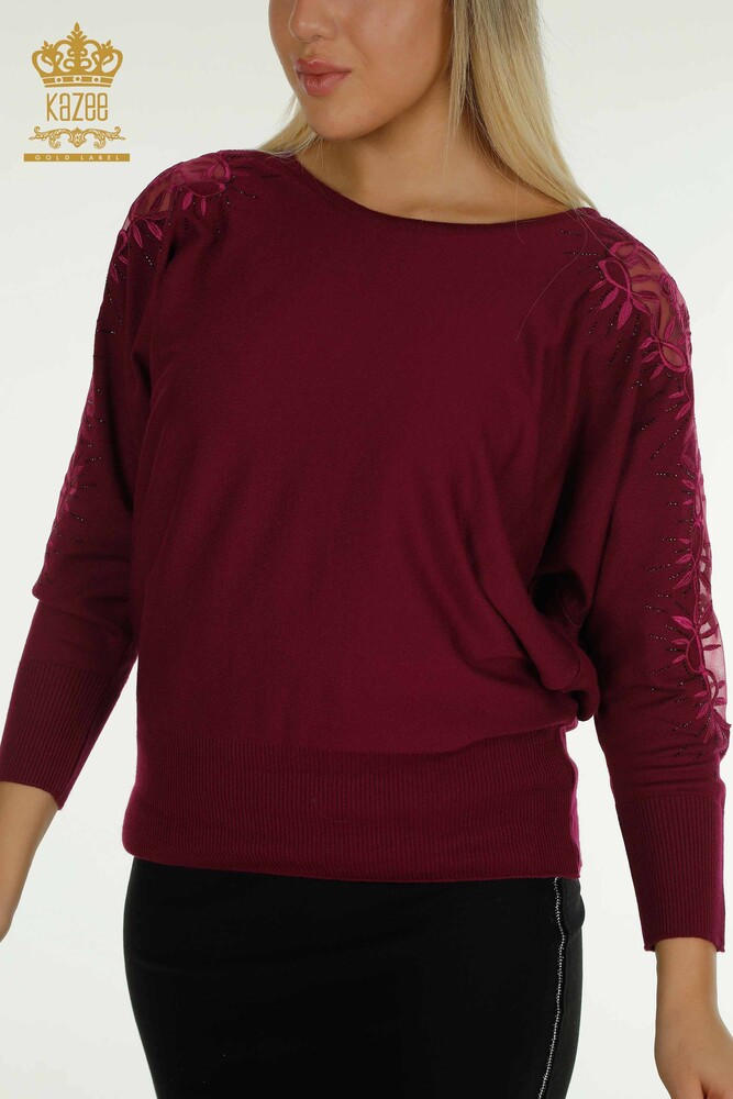 Pull en tricot pour femmes en gros avec détail en tulle, Violet - 15699 | KAZEE - 2