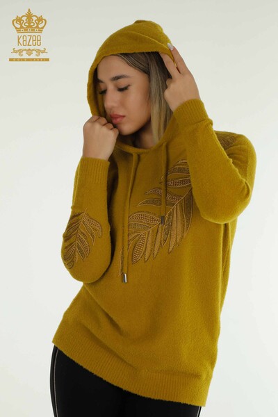 Pull en tricot pour femmes en gros à capuche Angora moutarde - 40008 | Kazee - 2