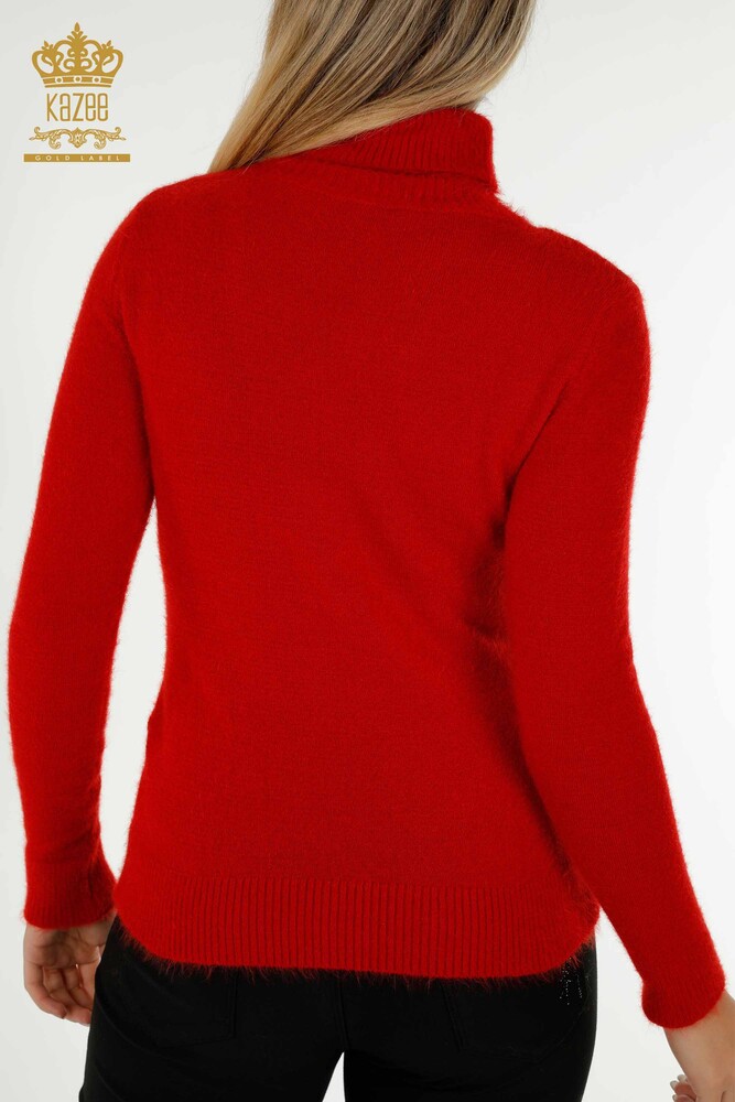 Grossiste Tricots Femme Pull Angora Col Roulé Rouge avec Logo - 12046 | KAZEE - 7