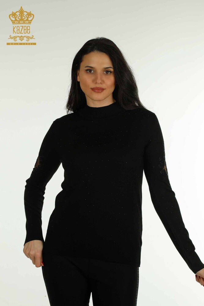 Pull en tricot pour femmes en gros brodé noir - 30892 | KAZEE - 1