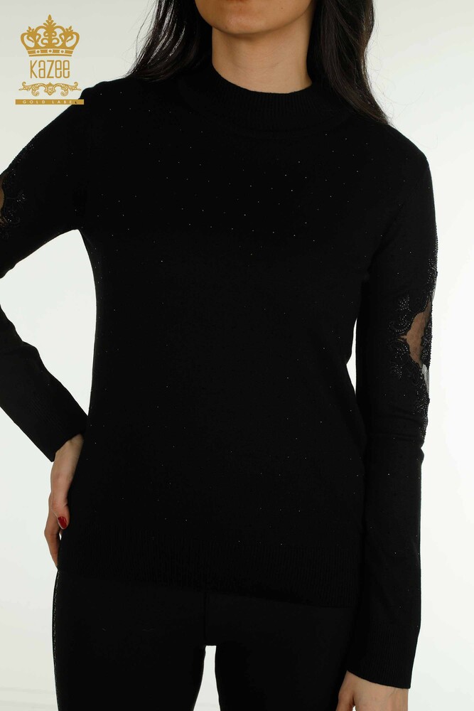 Pull en tricot pour femmes en gros brodé noir - 30892 | KAZEE - 2