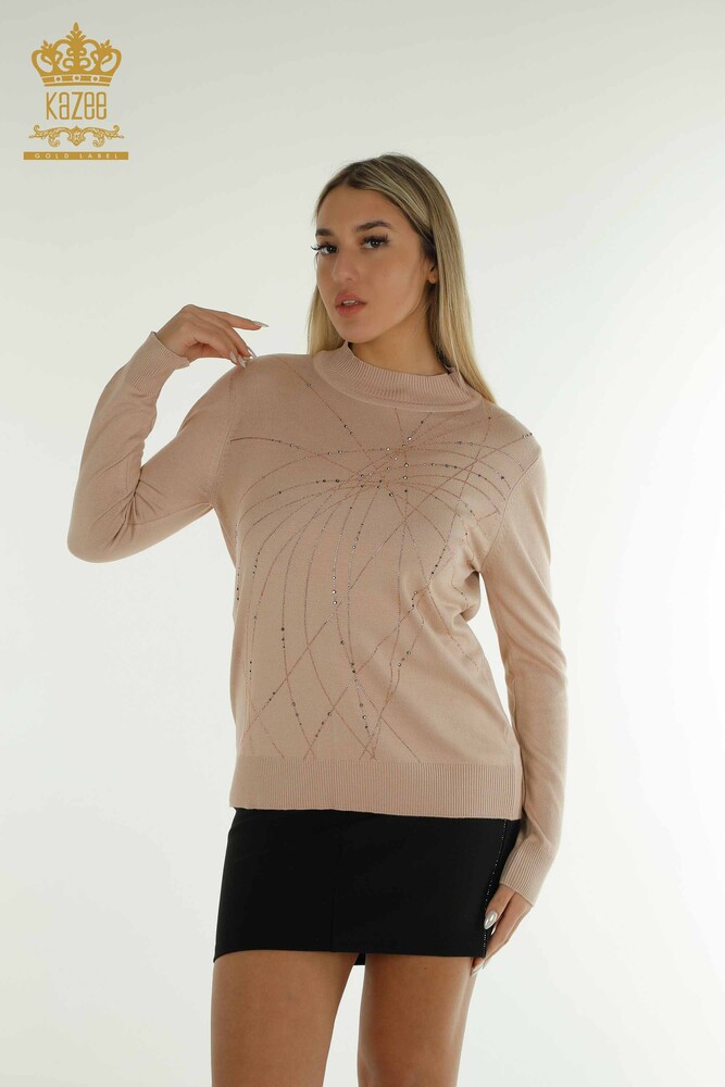 Pull en tricot pour femmes en gros à col haut poudre - 30454 | KAZEE - 1