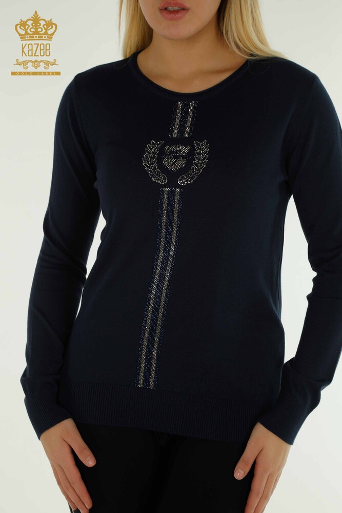 Pull en tricot pour femmes en gros col rond bleu marine - 30457 | KAZEE - 2