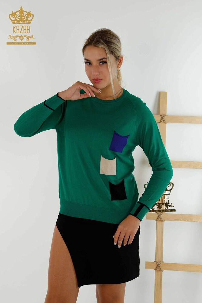 Pull en tricot pour femmes en gros de couleur verte avec poche - 30108 | KAZEE - 1