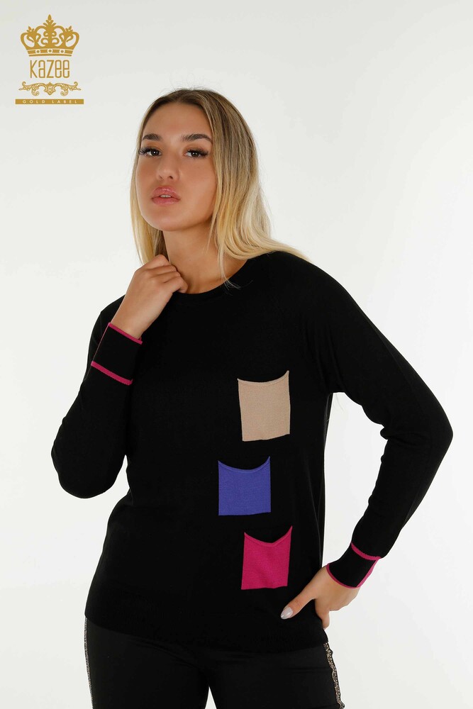 Pull en tricot pour femmes en gros avec poche colorée Fuchsia - 30108 | KAZEE - 1