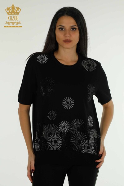 Pull en tricot pour femmes en gros pierre brodée noir - 30318 | KAZEE - Thumbnail