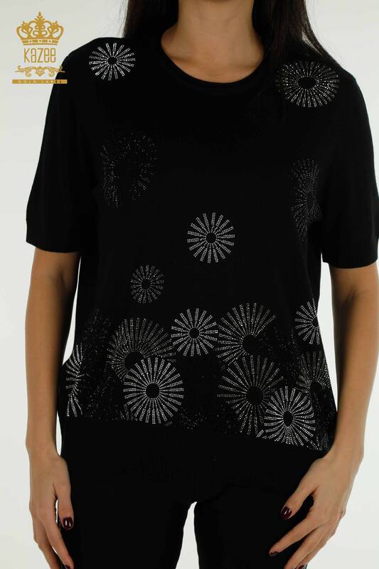 Pull en tricot pour femmes en gros pierre brodée noir - 30318 | KAZEE