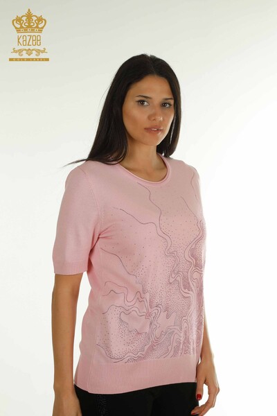 Pull en tricot pour femmes en gros pierre brodée rose - 30659 | KAZEE 