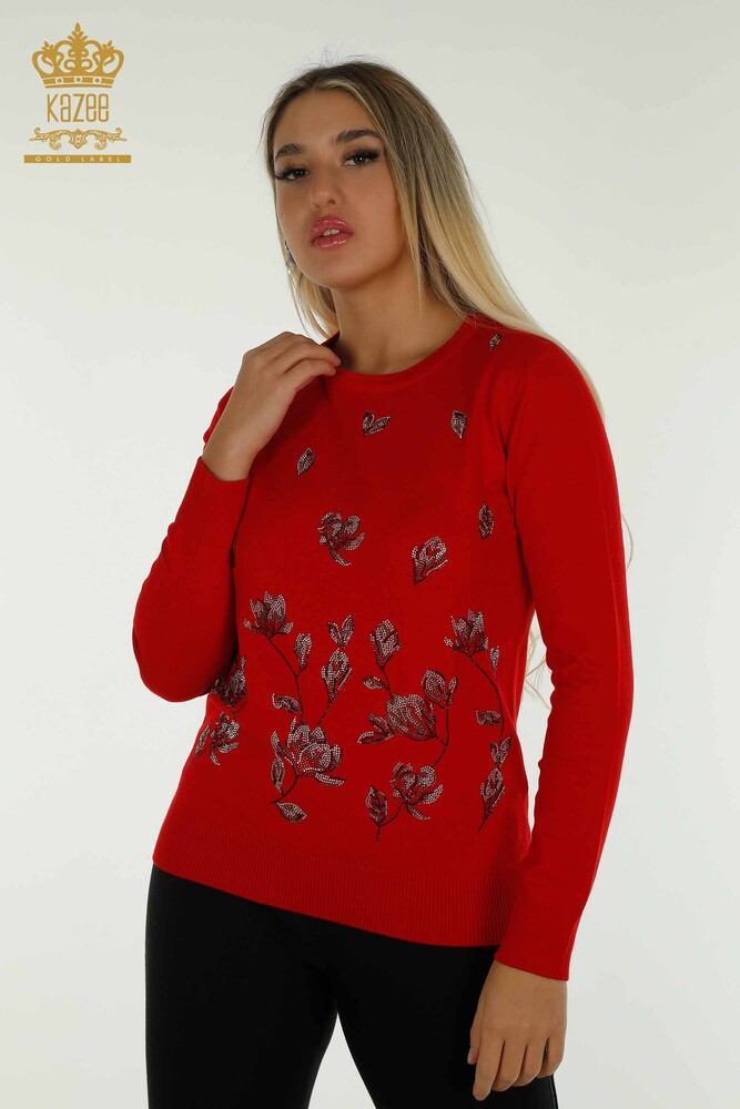 Pull en tricot pour femmes en gros rouge avec broderie de pierre - 30471 | KAZEE - 1