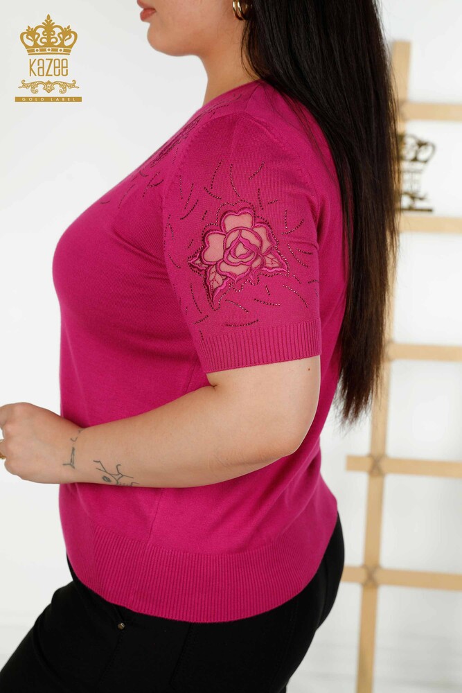 Pull en tricot pour femmes en gros à motifs roses Fuchsia - 16845 | KAZEE - 4