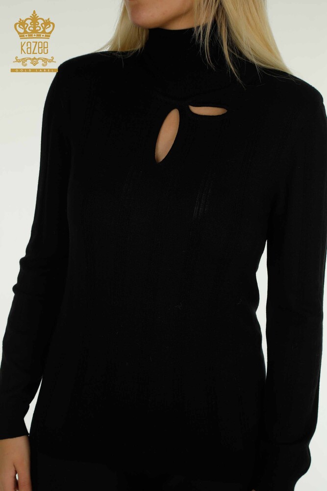 Pull en tricot pour femmes en gros noir avec détail de trou - 30781 | KAZEE - 2