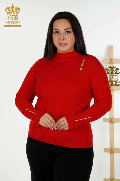 Pull en tricot pour femmes en gros avec détail de trou rouge - 30395 | KAZEE - 1