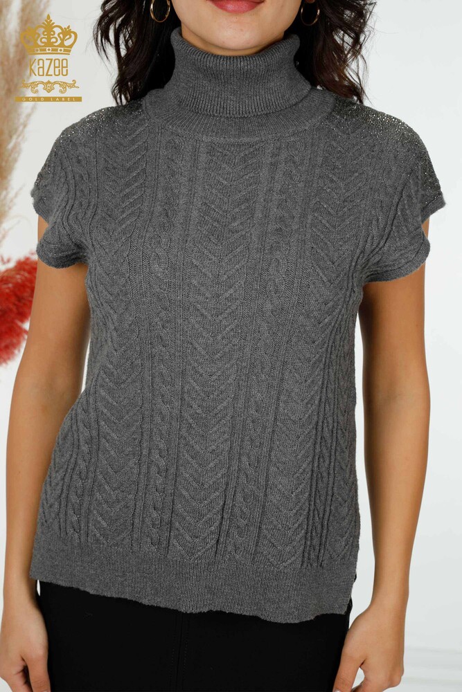 Grossiste Tricot Femme Épaule Cristal Pierre Brodé Gris - 30097 | KAZEE - 2