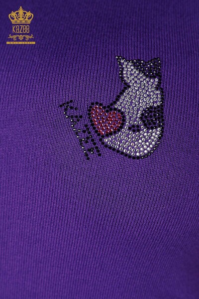 Grossiste Tricot Femme Motif Chat Sans Manches Violet - 16902 | KAZEE - 4