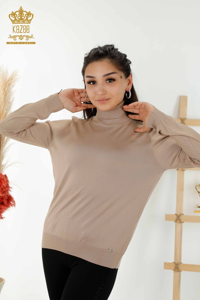 Grossiste Pull Femme Col Roulé Basique Beige - 11122 | KAZEE - 1