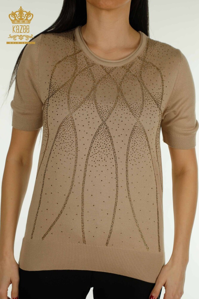 Pull Tricot Femme Grossiste Modèle Américain Beige - 30686 | KAZEE - 2